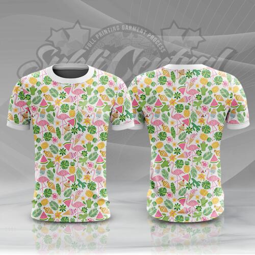 Green Summer with Pink Flamingo Full Print Roundneck Shirt Thumbnail