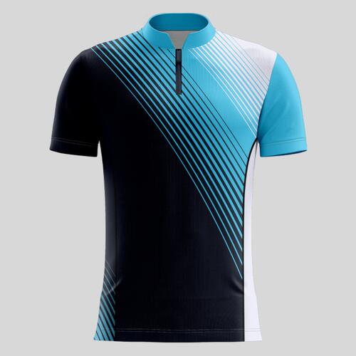 Blue Linear Pattern Full Print Chinese Collar Shirt Thumbnail